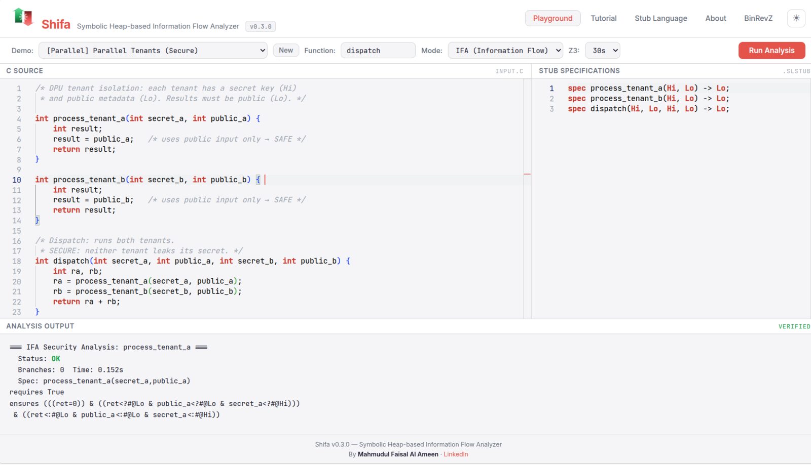 Shifa playground — information-flow analysis of C with verified output